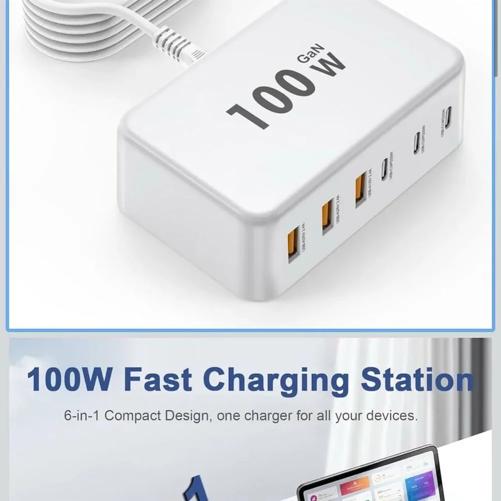 100W USB C Fast Charger 6-Port GaN Charging Station for iPhone Samsung